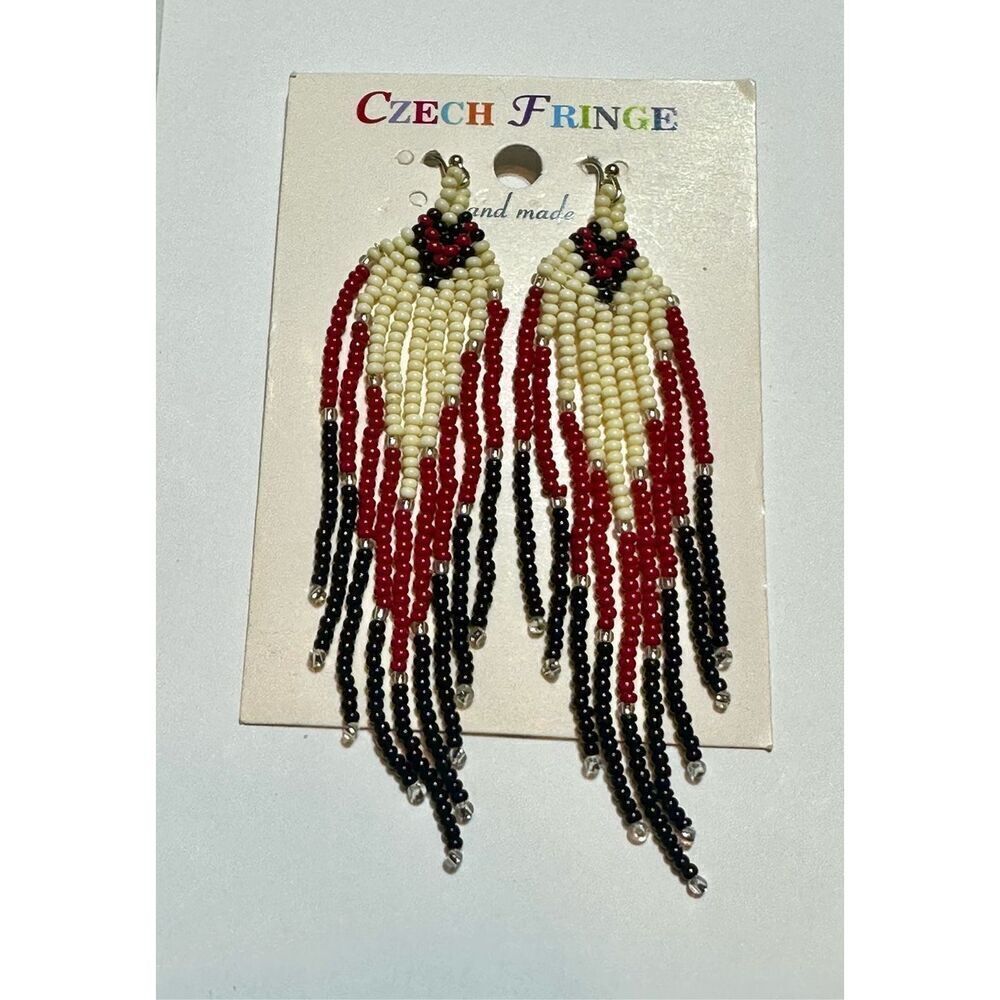 Czech fringe NEW Bead Seed Dangle Boho earrings red black native tribal style